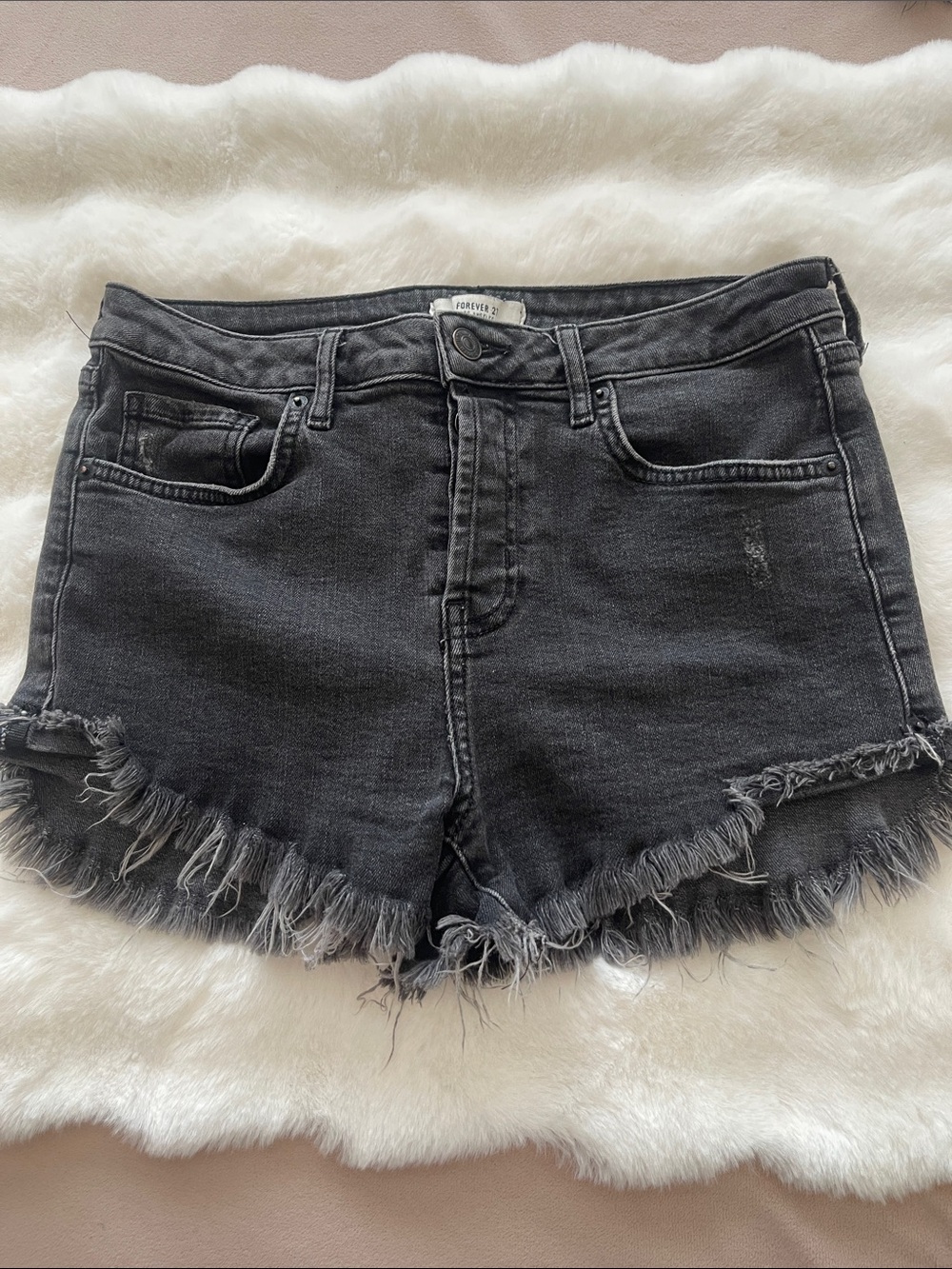 Forever 21 Women's Charcoal Frayed Hem Denim Shorts